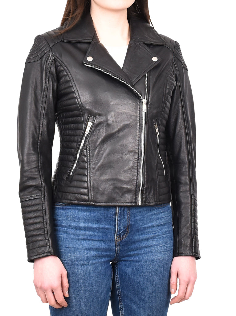 DR206 Women's Soft Leather Cross Zip Biker Jacket Black 6