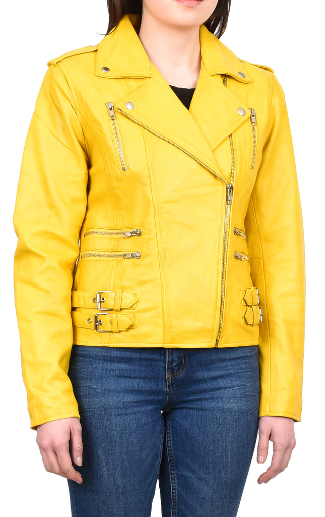 DR195 Women’s Trendy Biker Leather Jacket Yellow Vintage 6