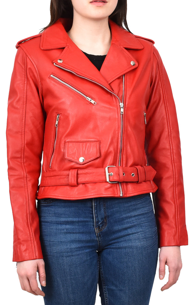 DR199 Women's Hard Ride Biker Style Leather Jacket Red 7