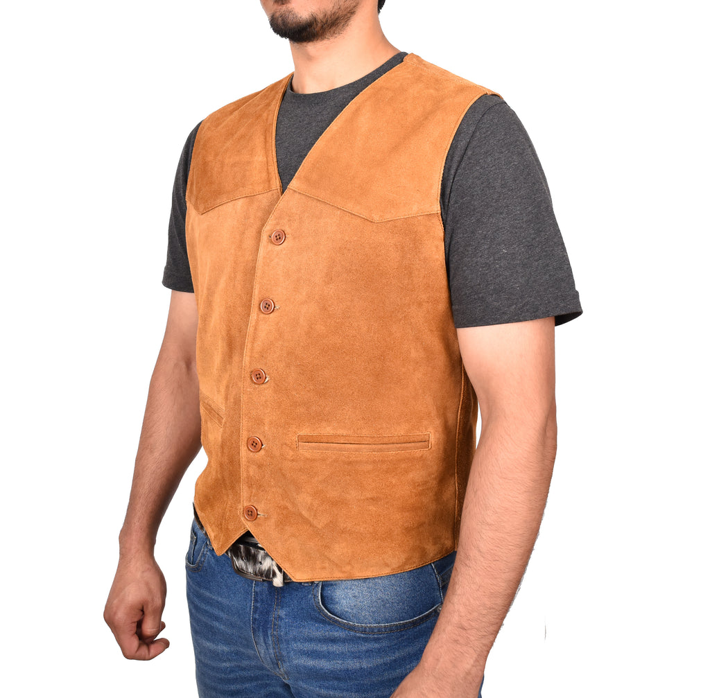 DR121 Men's Leather Suede Cowboy Waistcoat Tan 6