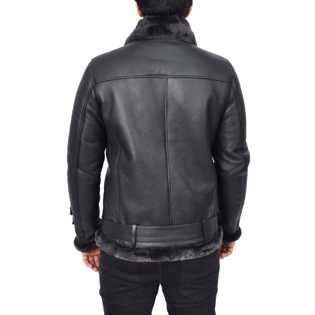 Men's Classic Aviator Real Sheepskin Jacket Flying Squad Black Pelle-2