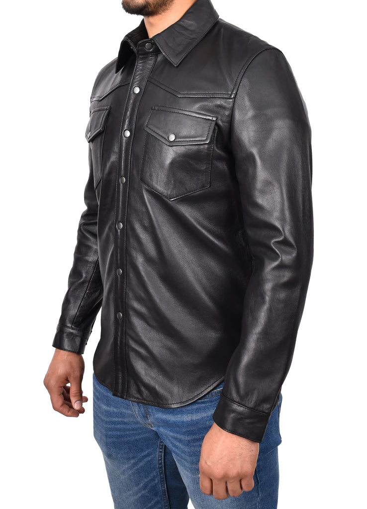 DR548 Men's Classic Leather Trucker Style Shirt Black 6