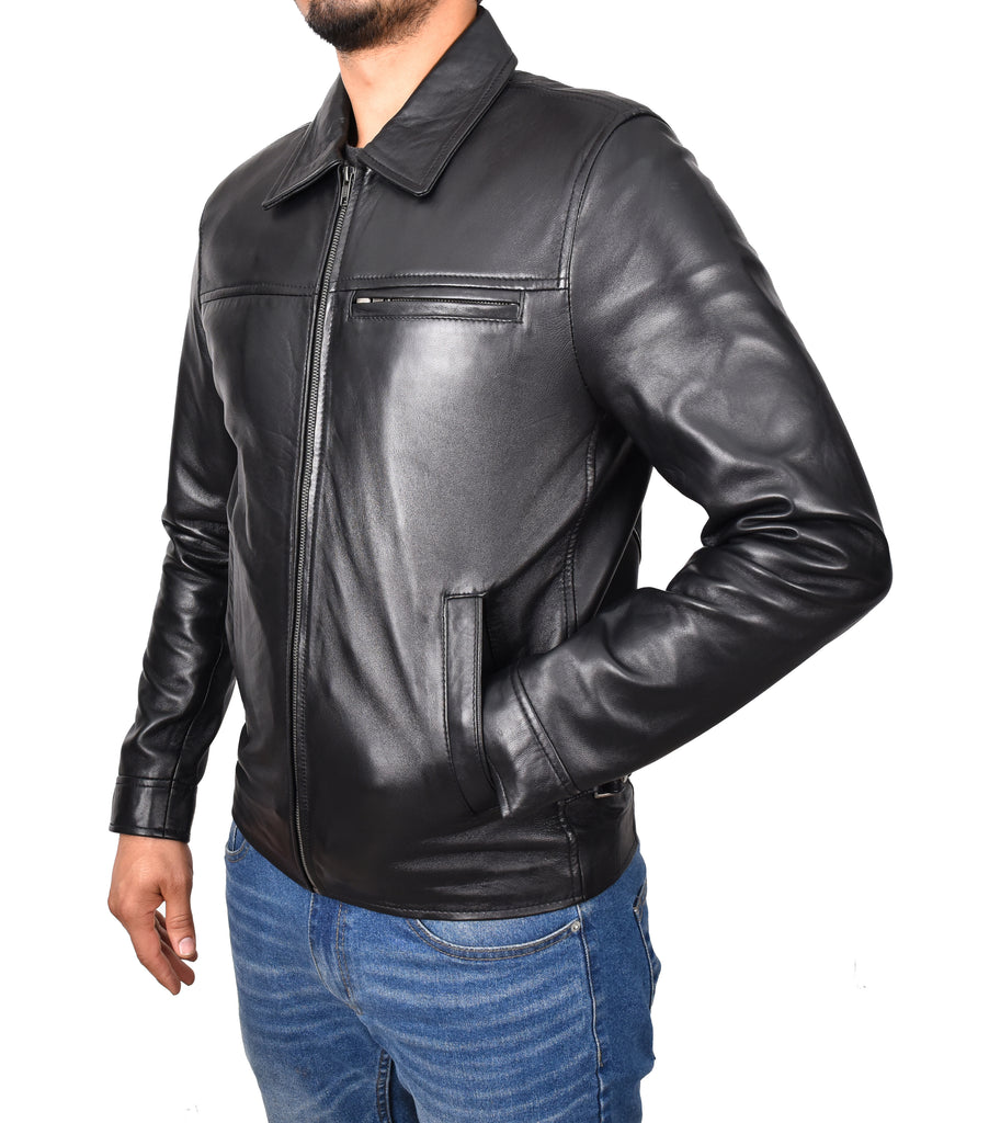 DR162 Men's Classic Zip Box Leather Jacket Black 6