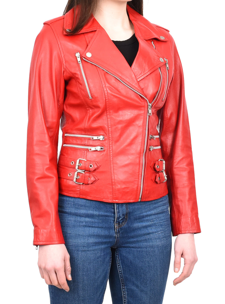 DR195 Women’s Trendy Biker Leather Jacket Red 6