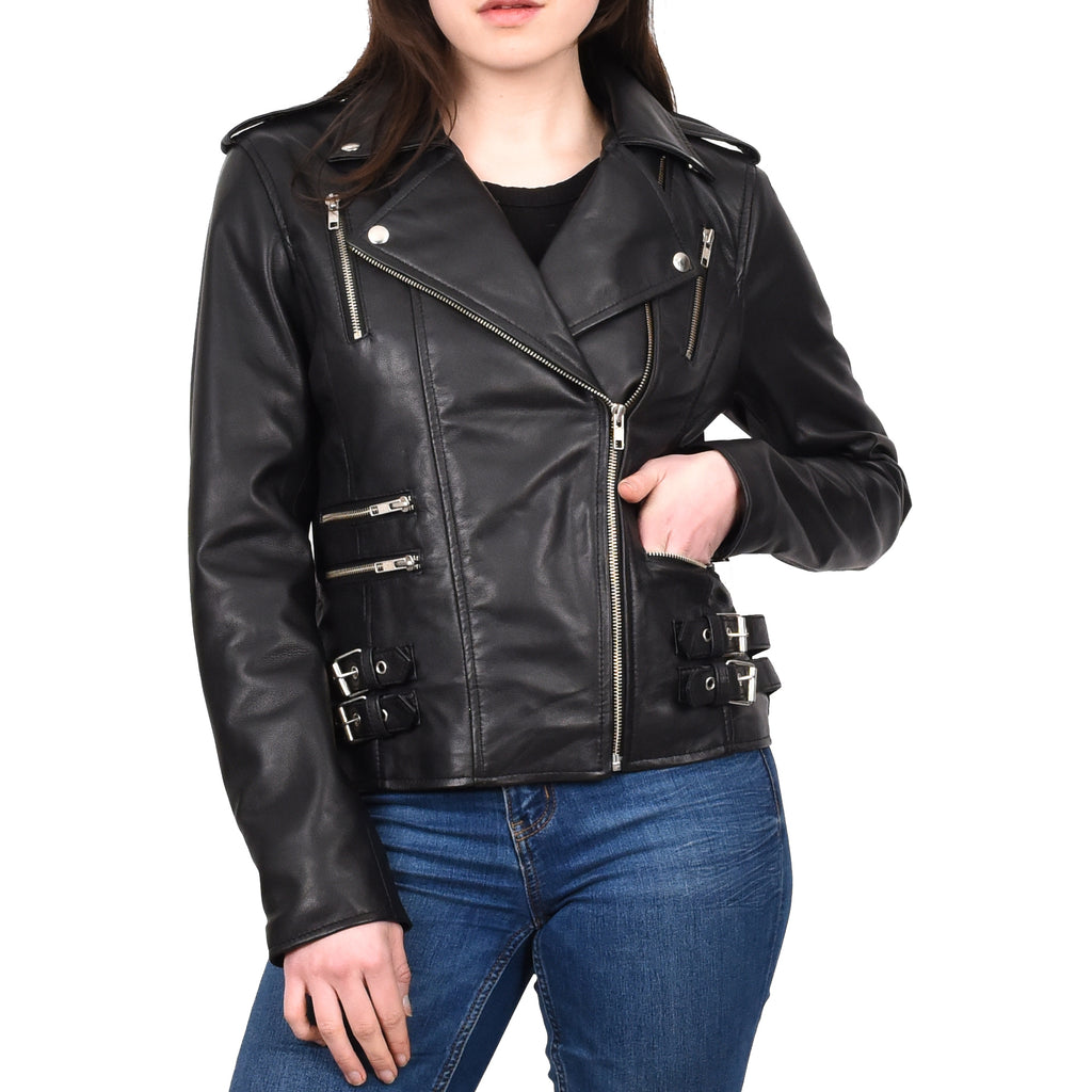 Women’s Trendy Biker Genuine Leather Jacket Black Revolve 1