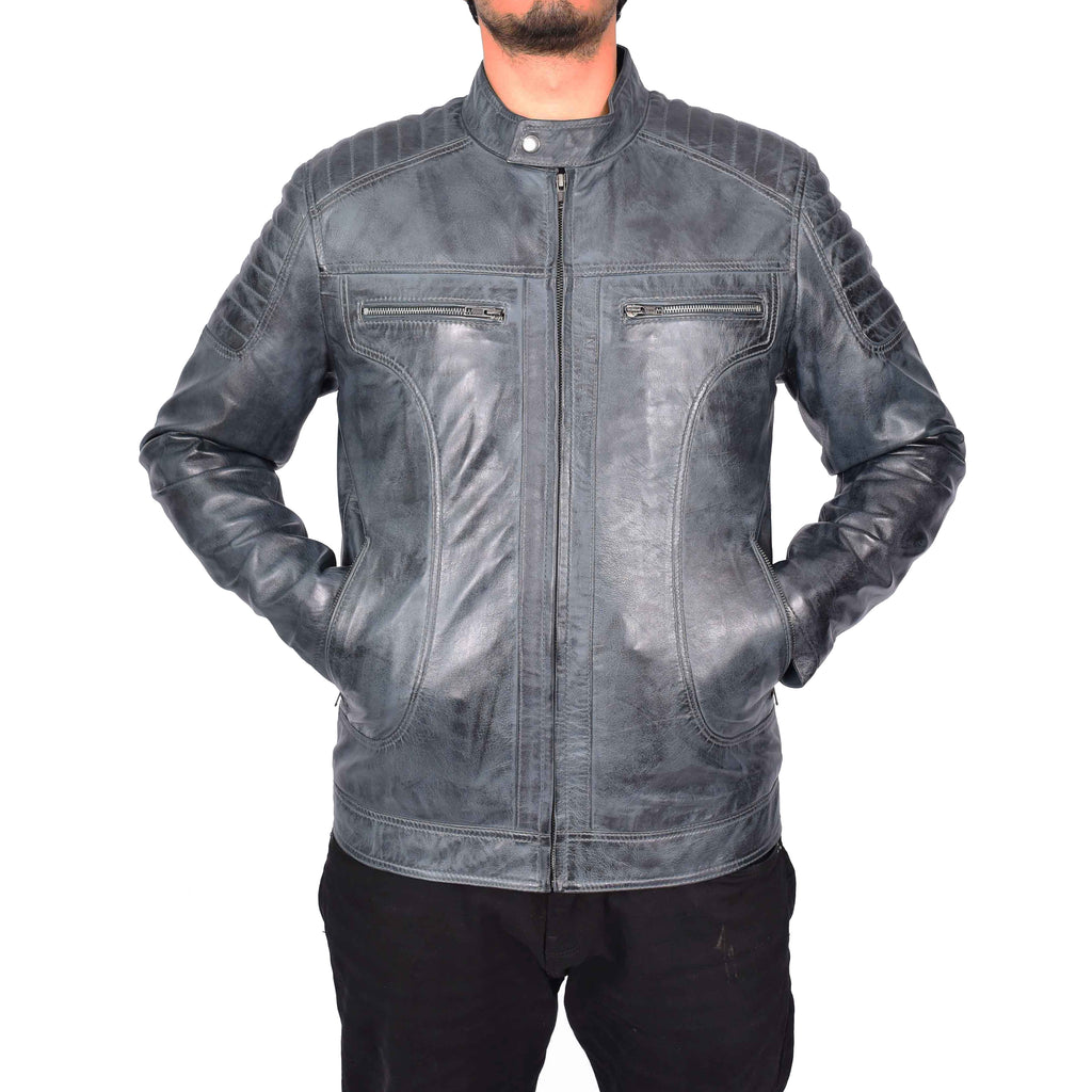 Men's Genuine Leather Biker Style Zip Jacket Grey Anton-6