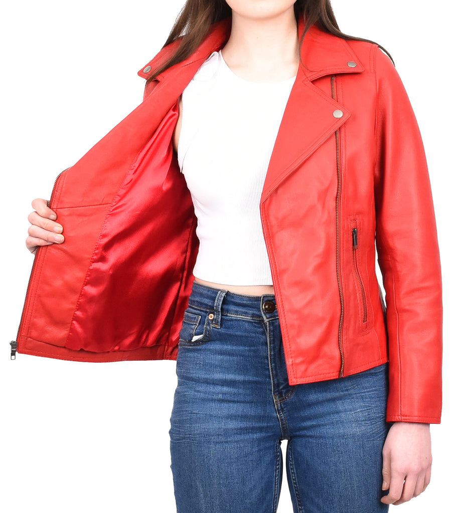 DR216 Women's Casual Smart Biker Leather Jacket Red 11