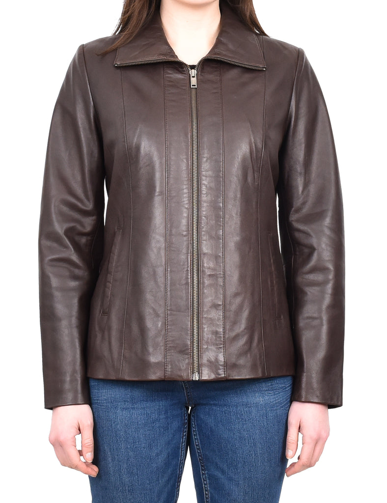 DR202 Women's Casual Semi Fitted Leather Jacket Brown 6