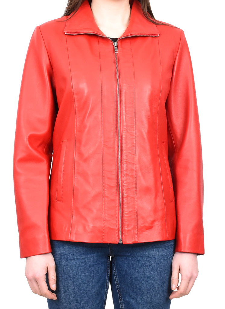 DR202 Women's Casual Semi Fitted Leather Jacket Red 6