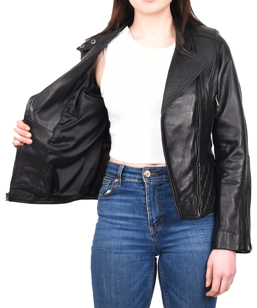 DR233 Women's Biker Leather Jacket Quilted Design Black 12