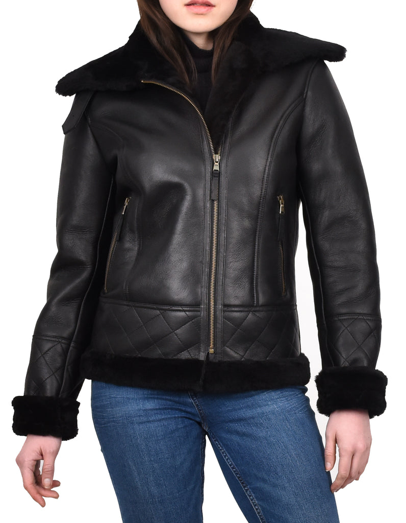 DR533 Women's Real Sheepskin Aviator Jacket Black 9