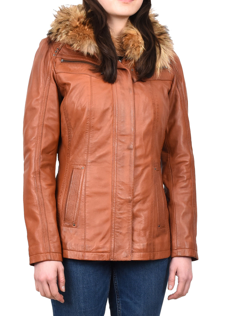 DR258 Women's Leather Jacket with Detachable Collar Cognac 6