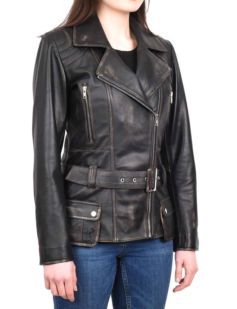 DR205 Women’s Slim Fit Cut Hip Length Biker Leather Jacket Rub off 6