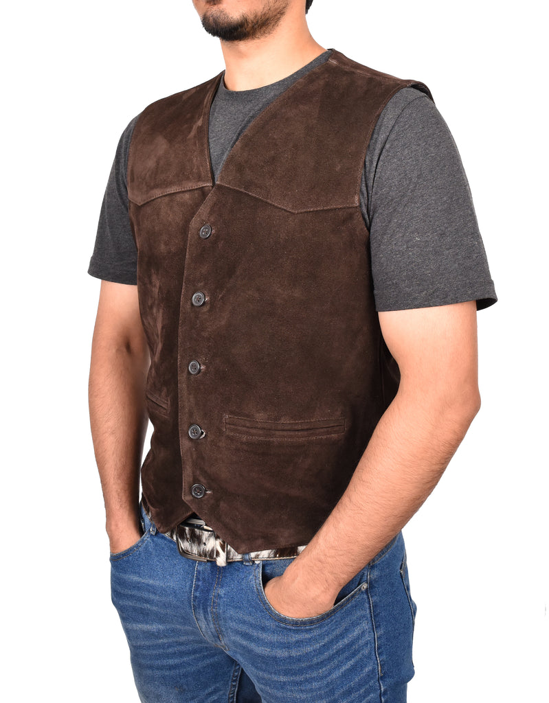 DR121 Men's Leather Suede Cowboy Waistcoat Brown  6