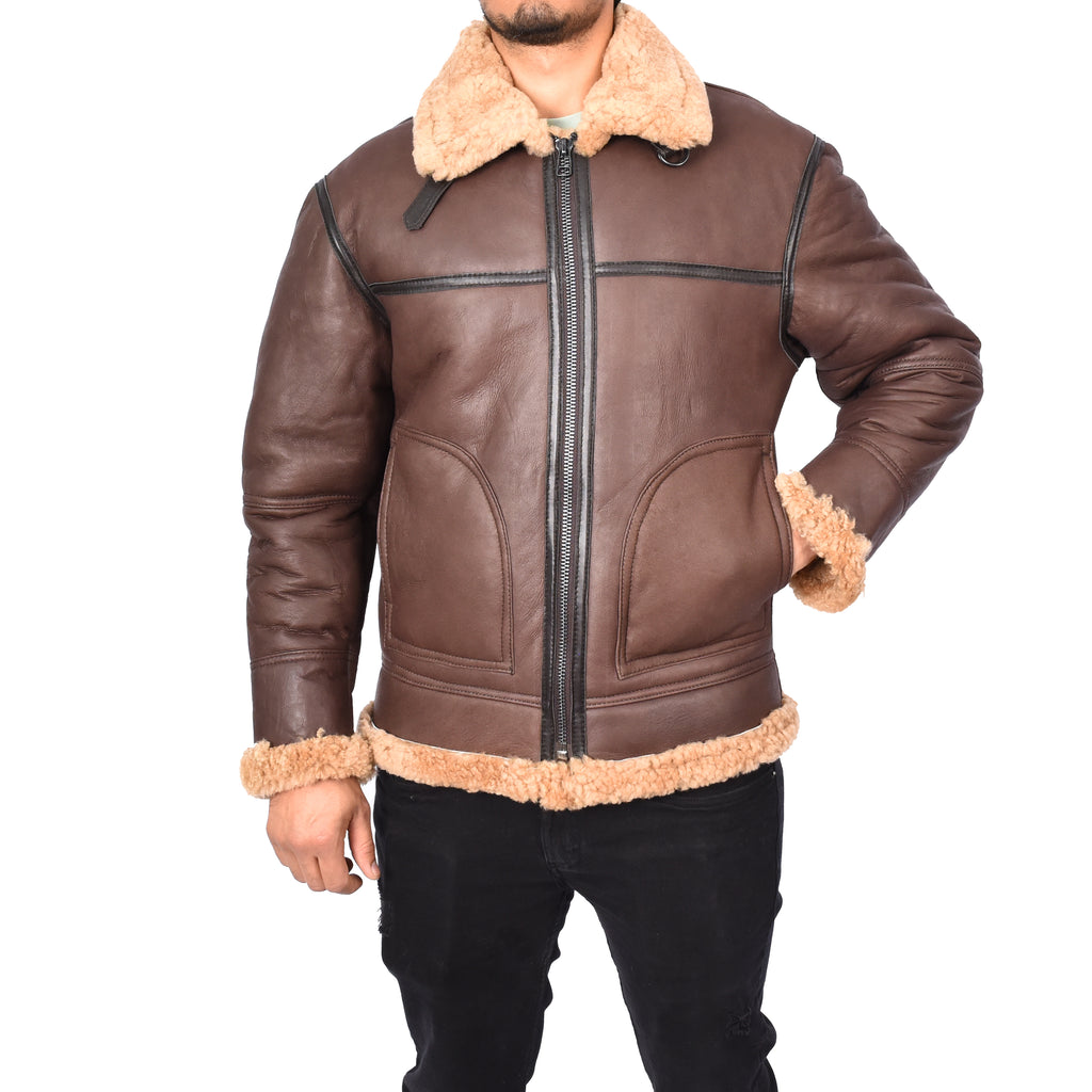 Mens Retro B3 Real Shearling Sheepskin Aviator Flying Jacket Ender Brown-1