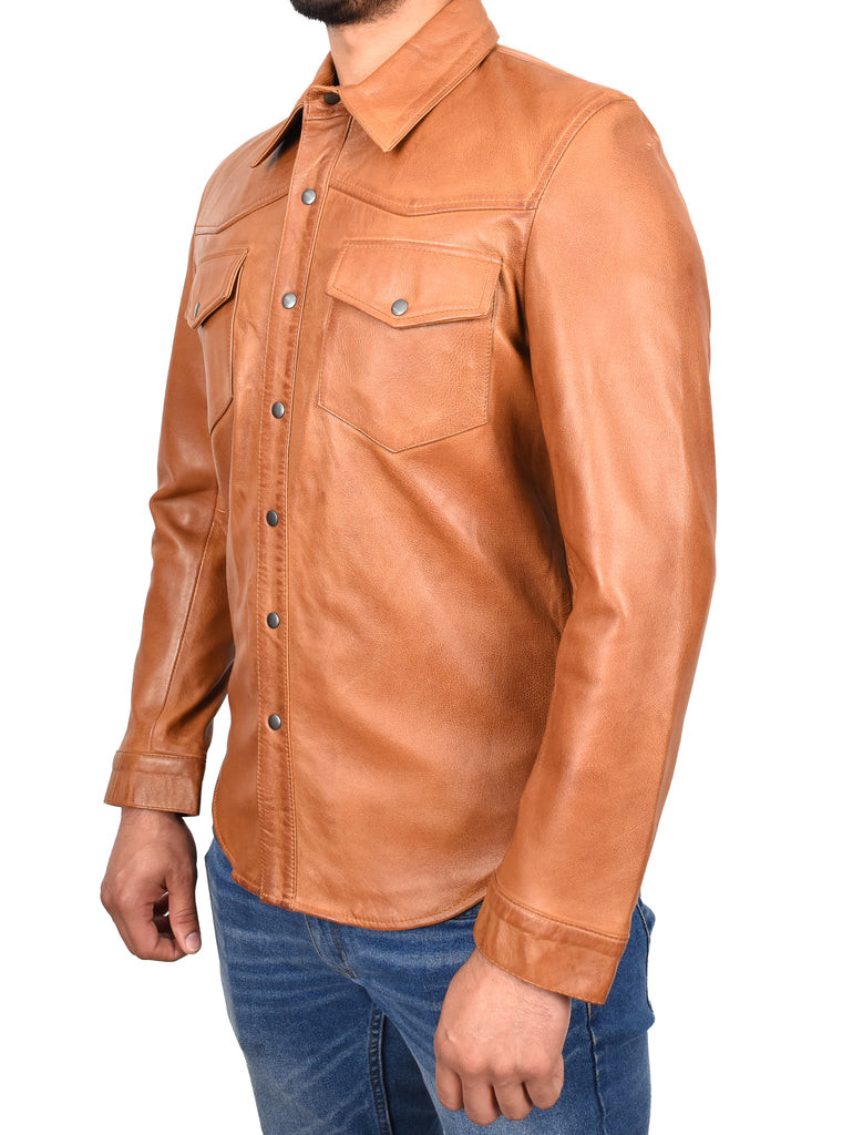 DR548 Men's Classic Leather Trucker Style Shirt Tan 6