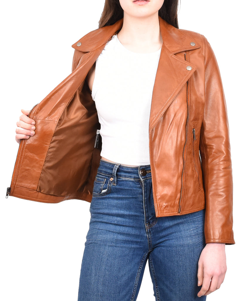 DR216 Women's Casual Smart Biker Leather Jacket Tan 12