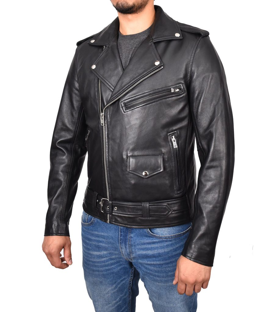 DR100 Men's Biker Real Leather Jacket Black 6