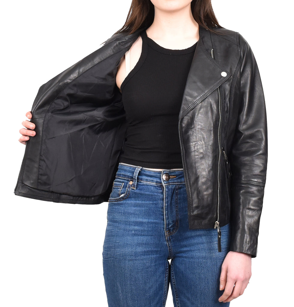 DR572 Women's Casual Cross Zip Leather Jacket Black 12