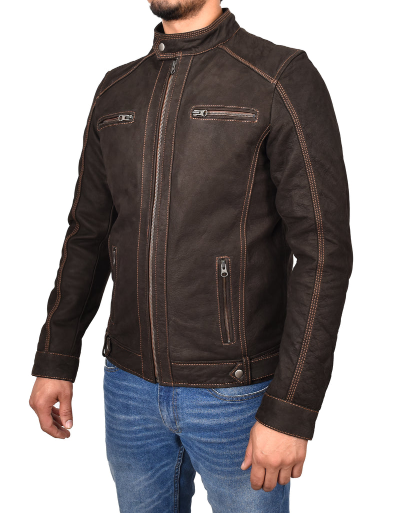 DR193 Men’s Real Waxed Leather Biker Jacket Brown 6