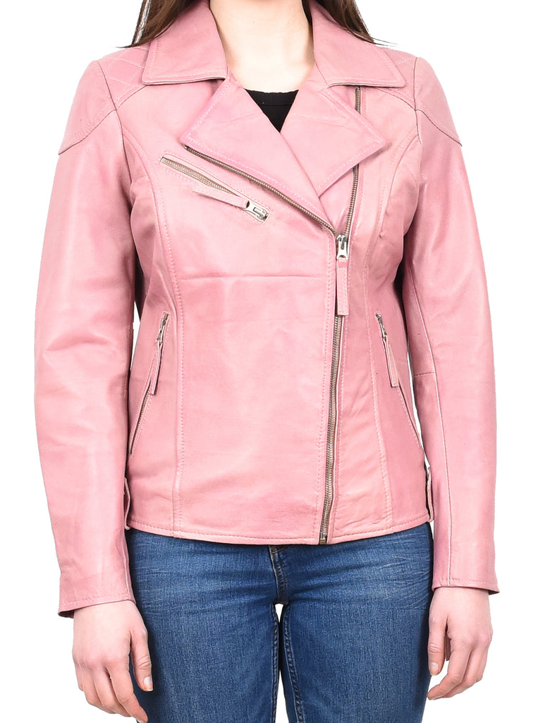 DR570 Women's Cross Zip Pocketed Real Leather Biker Jacket Pink 6