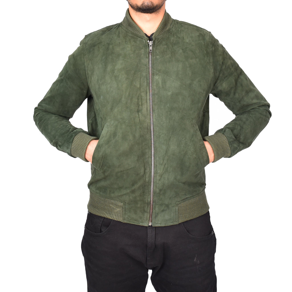 Men's Genuine Suede Leather Bomber Varsity Style Jacket Green Raul-6