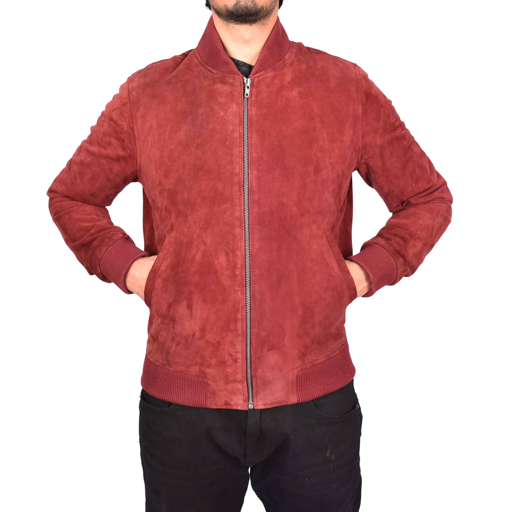 Men's Genuine Suede Leather Bomber Varsity Style Jacket Burgundy Raul-6