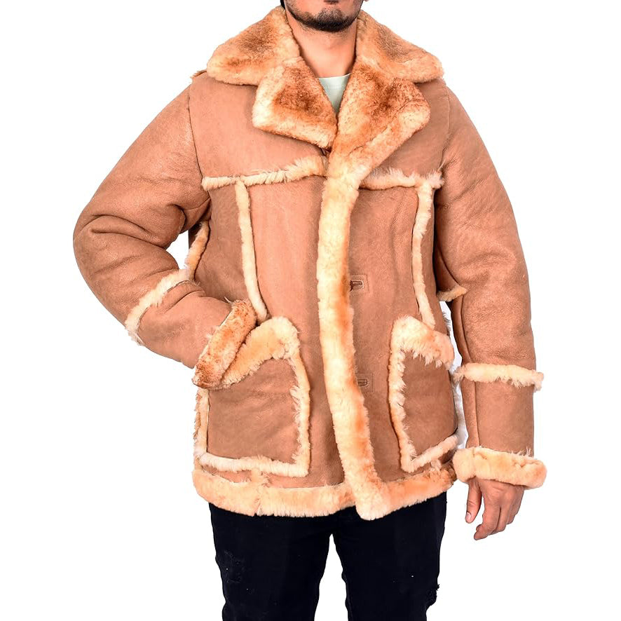 Men’s Luxurious Warm Winter Genuine Shearling Sheepskin Fur Coat Tyrell Tan-6