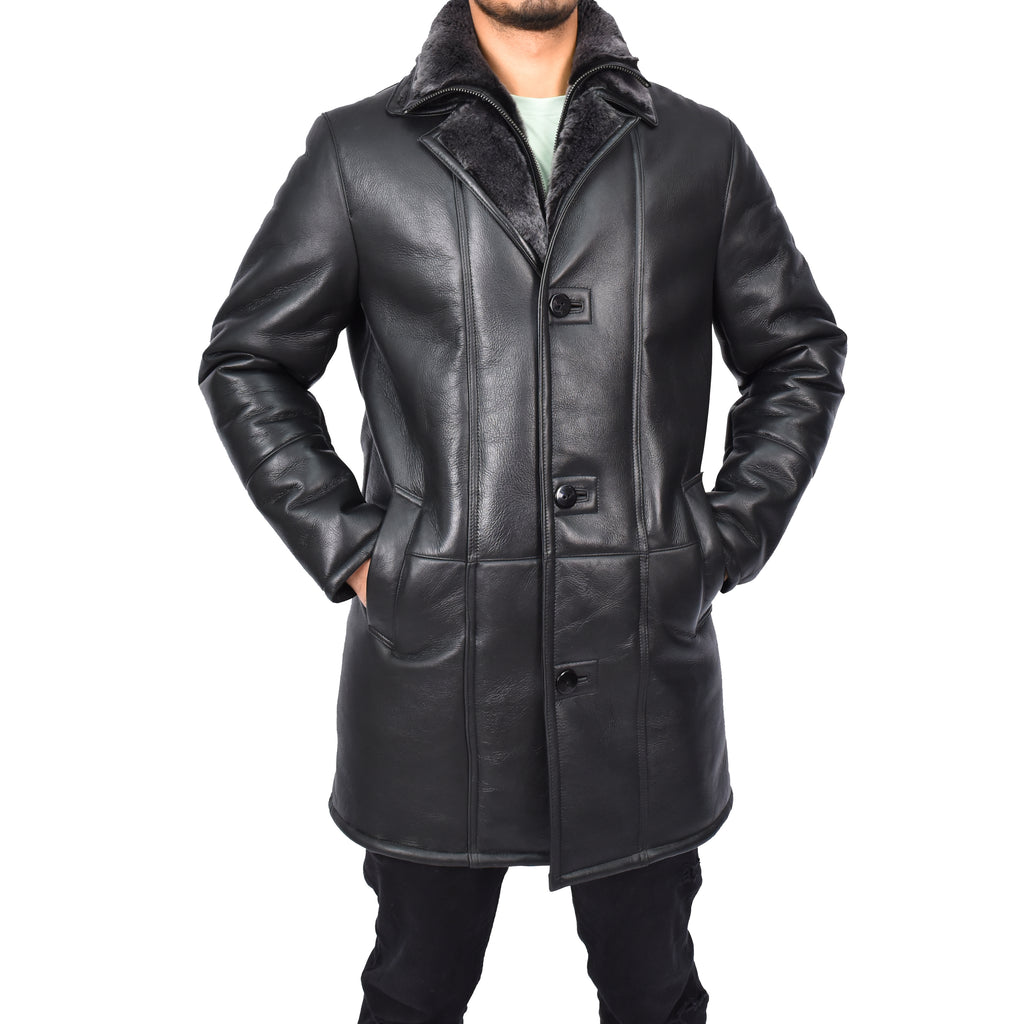 Mens Retro ¾ Length Long Real Shearling Sheepskin Coat Winter Warm Bastian Black-5