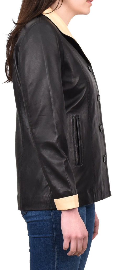 DR272 Women’s Soft Leather Blazer Beige Black 5