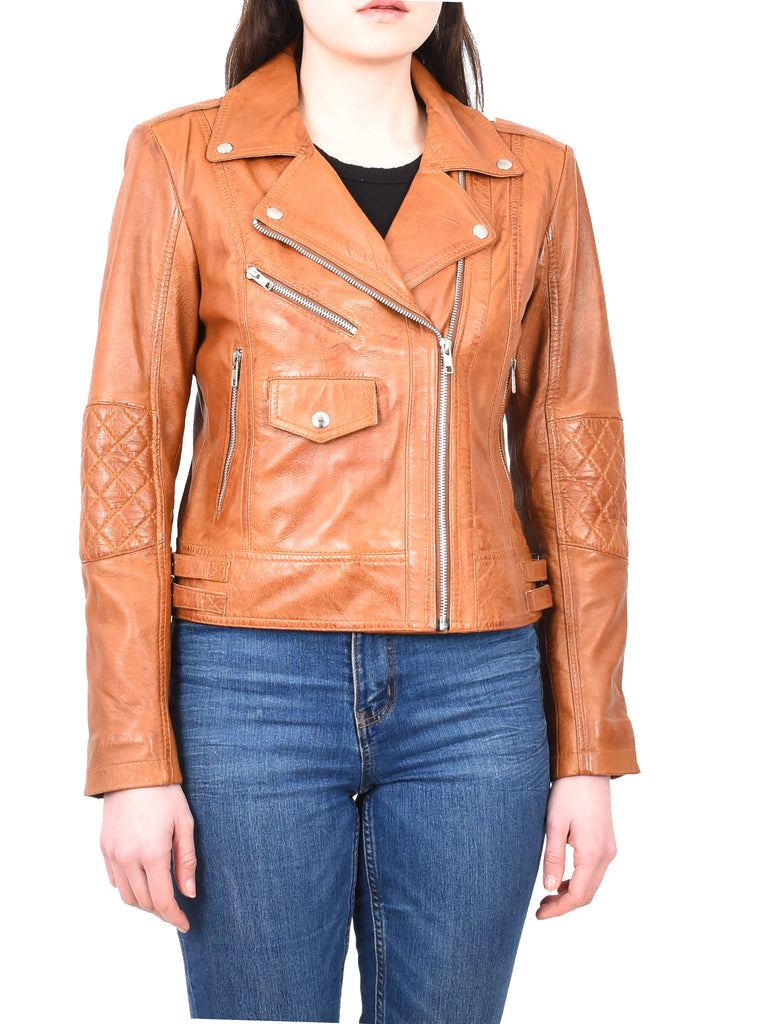 DR207 Women's Real Leather Biker Cross Zip Jacket Tan 7