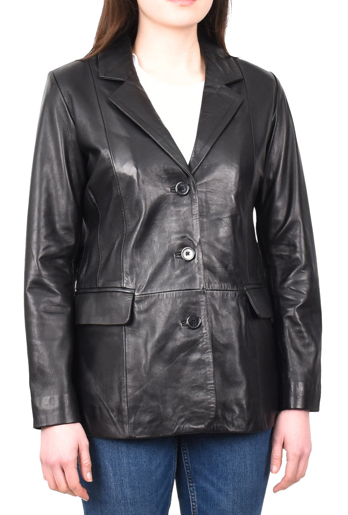 DR215 Women's Classic Three Button Leather Blazer  Black 6