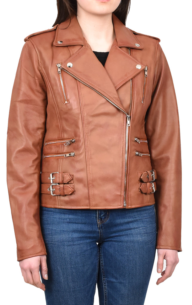 DR195 Women’s Trendy Biker Leather Jacket Cognac 6