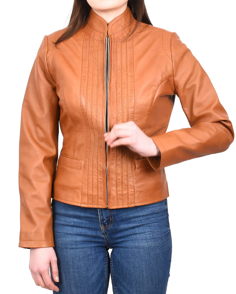 DR210 Women's Casual Biker Leather Jacket Tan 6