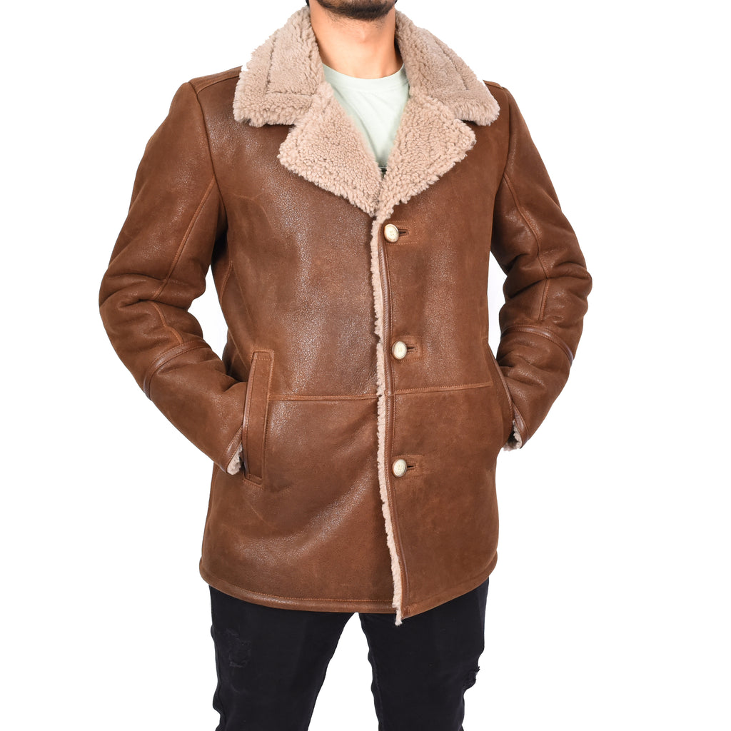 Mens Retro Genuine Sheepskin Leather Crombie Coat Mikael Brown-5