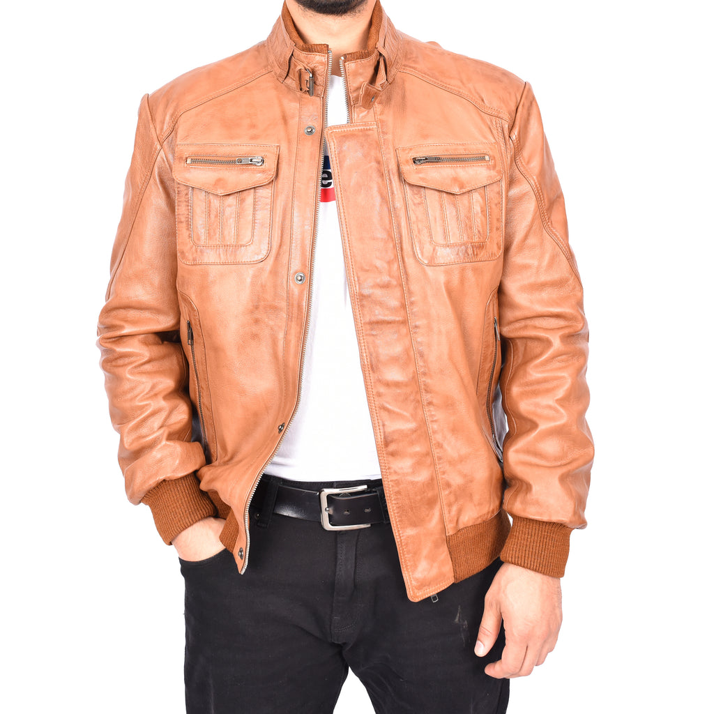 Men's Bomber Style Real Leather Jacket Tan Boden-6