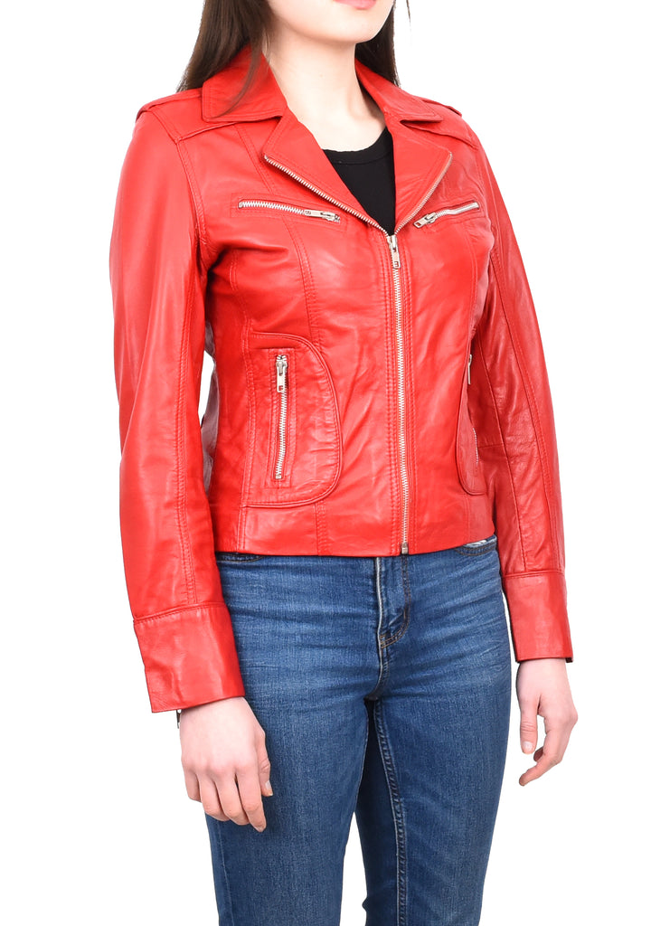 DR194 Women's Casual Leather Biker Jacket Short Red 6