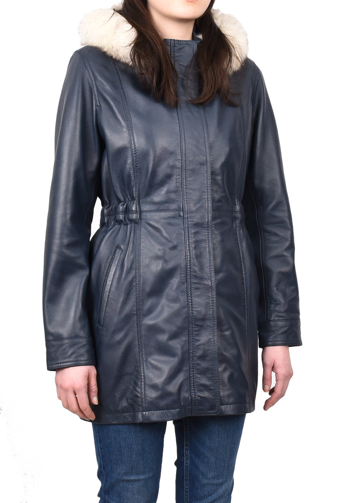 DR204 Women's Smart Long Leather Coat Hood with Fur Blue 7