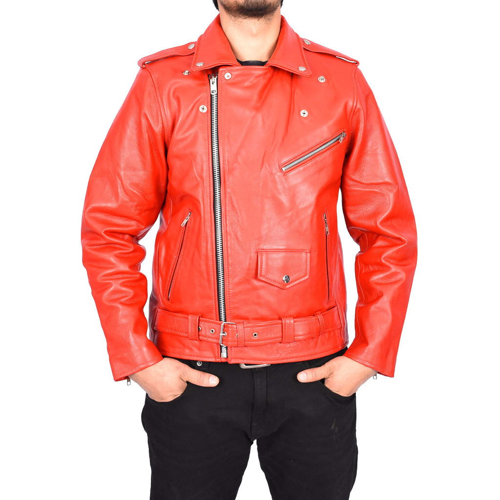 Men's Hard Wearing Real Cowhide Leather Biker Jacket Red Gunther-6