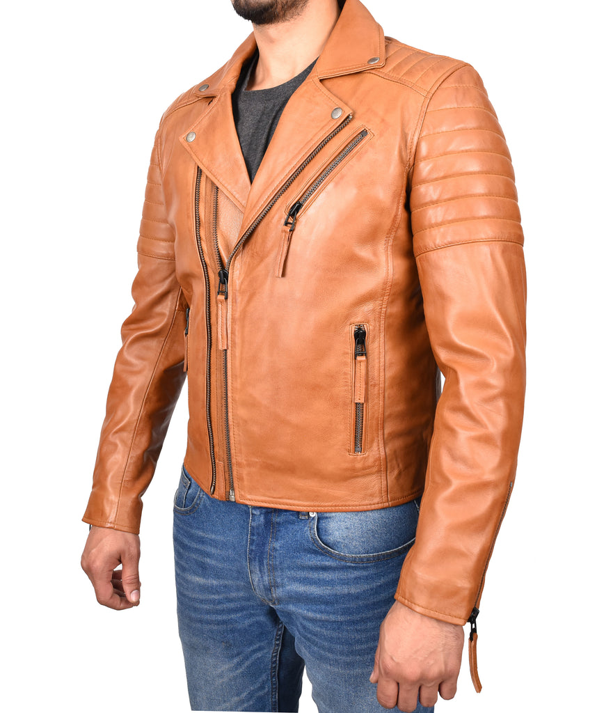 DR145 Men's Quilted Biker Leather Jacket Tan 6