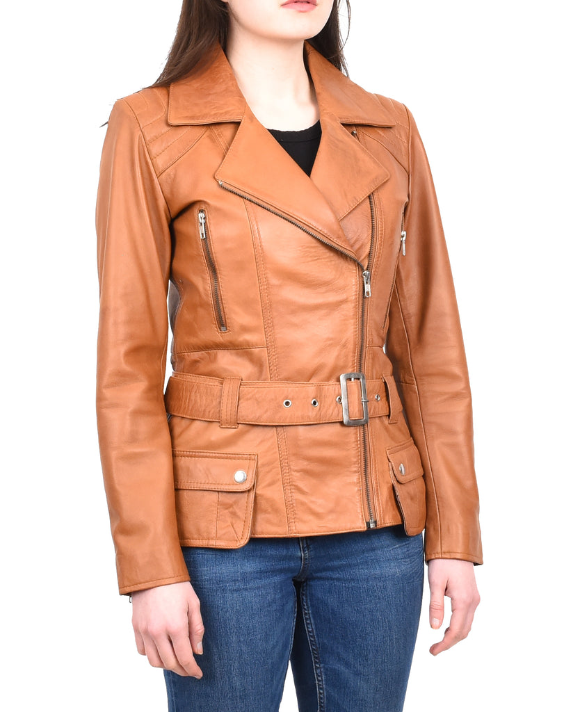 DR205 Women’s Slim Fit Cut Hip Length Biker Leather Jacket Tan 6