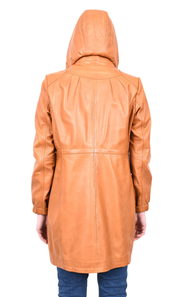 DR218 Women's Smart Long Leather Coat Hood Tan 6