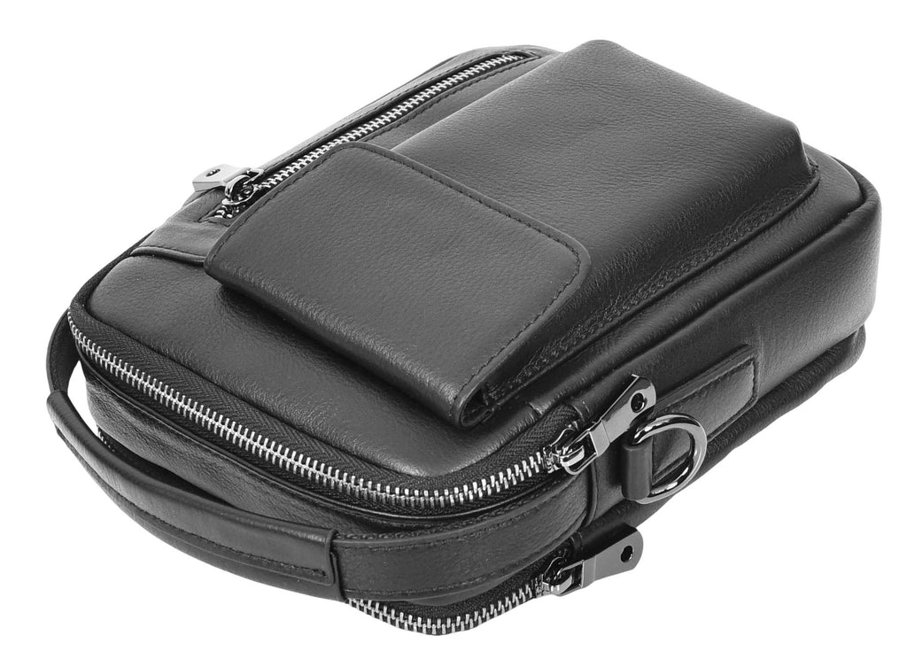 Crosso Men's Leather Cross-Body Organiser Flight Bag Black-6