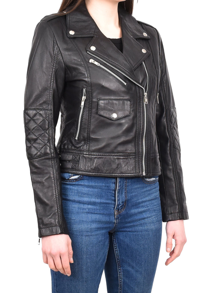 DR207 Women's Real Leather Biker Cross Zip Jacket Black 6