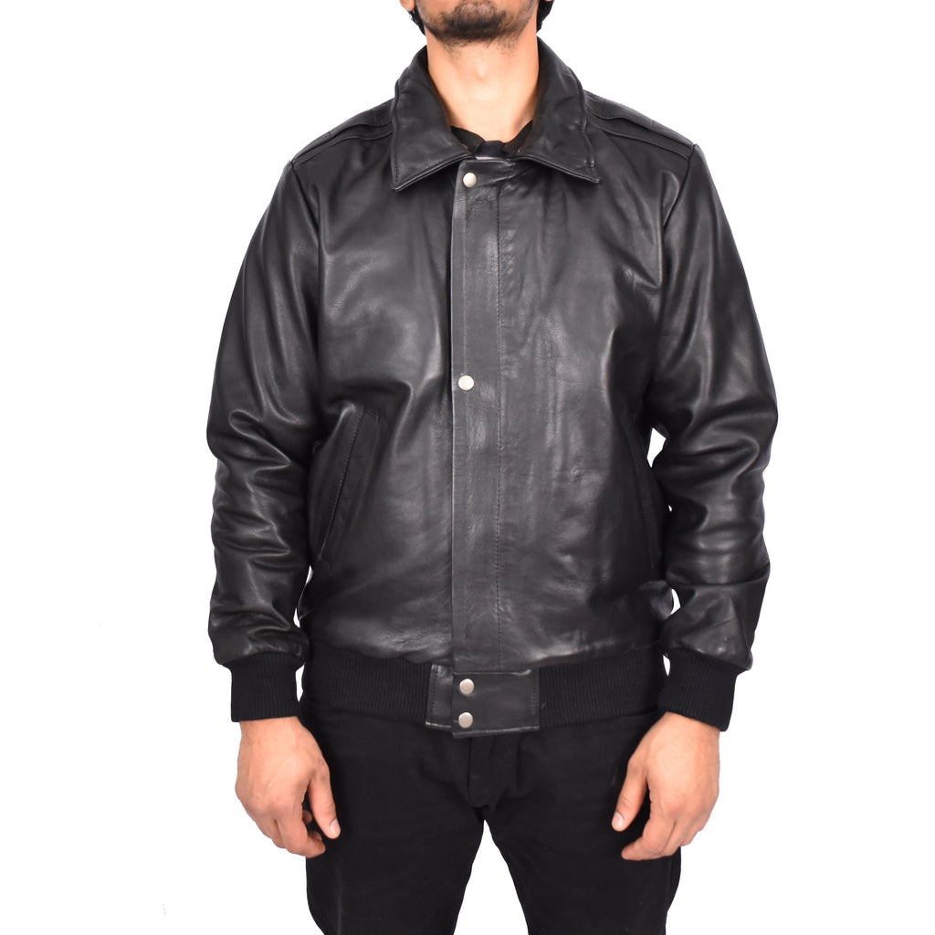 Men's Real Leather Bomber Pilot Jacket Removable Collar Black Edzard-6