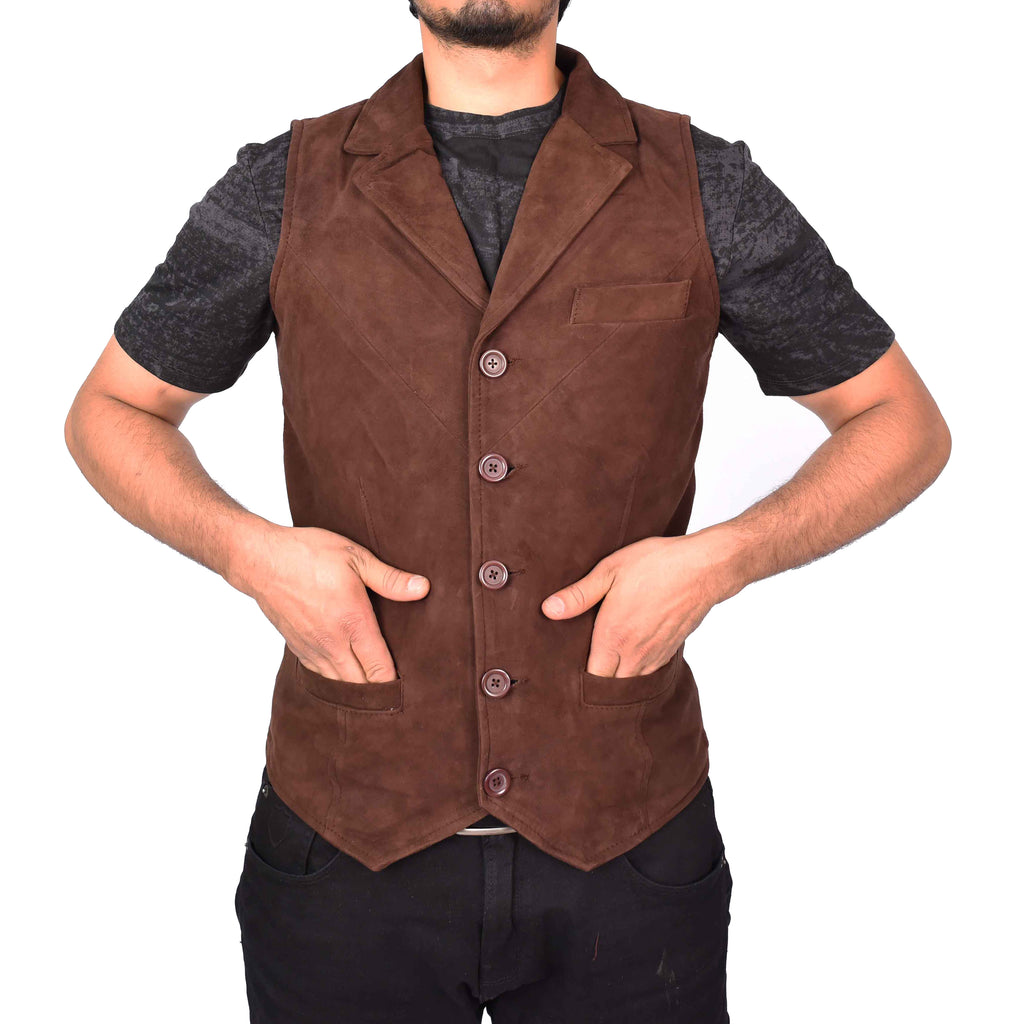 Men's Blazer Style Suede Leather Waistcoat Gents Vests Brown Howie-6