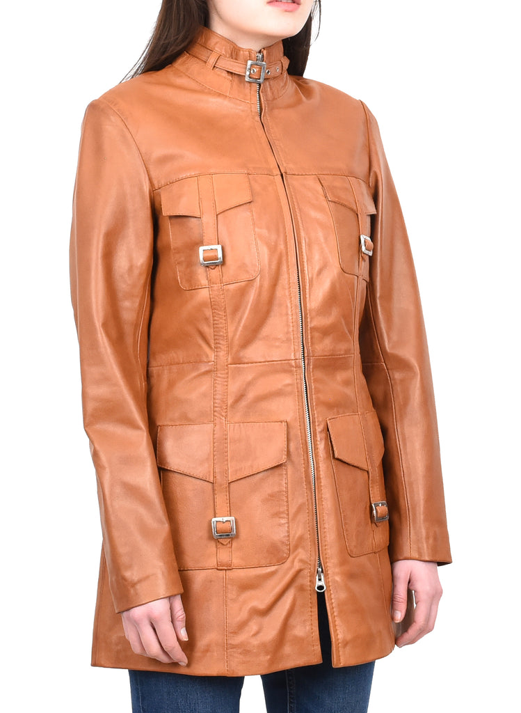 DR566 Women's Leather Jacket With Dual Zip Fastening Tan 6