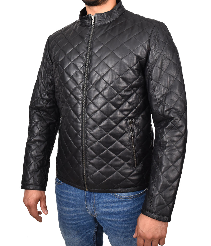 DR179 Men's Leather Puffer Jacket Padded Stand-Up Band Collar Black 6