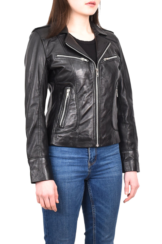 DR194 Women's Casual Leather Biker Jacket Short Black 6