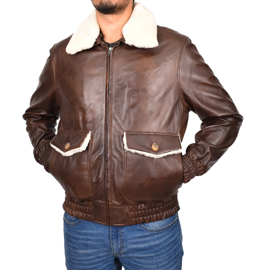 DR183 Men's Leather Bomber Jacket Aviator Style Brown 6